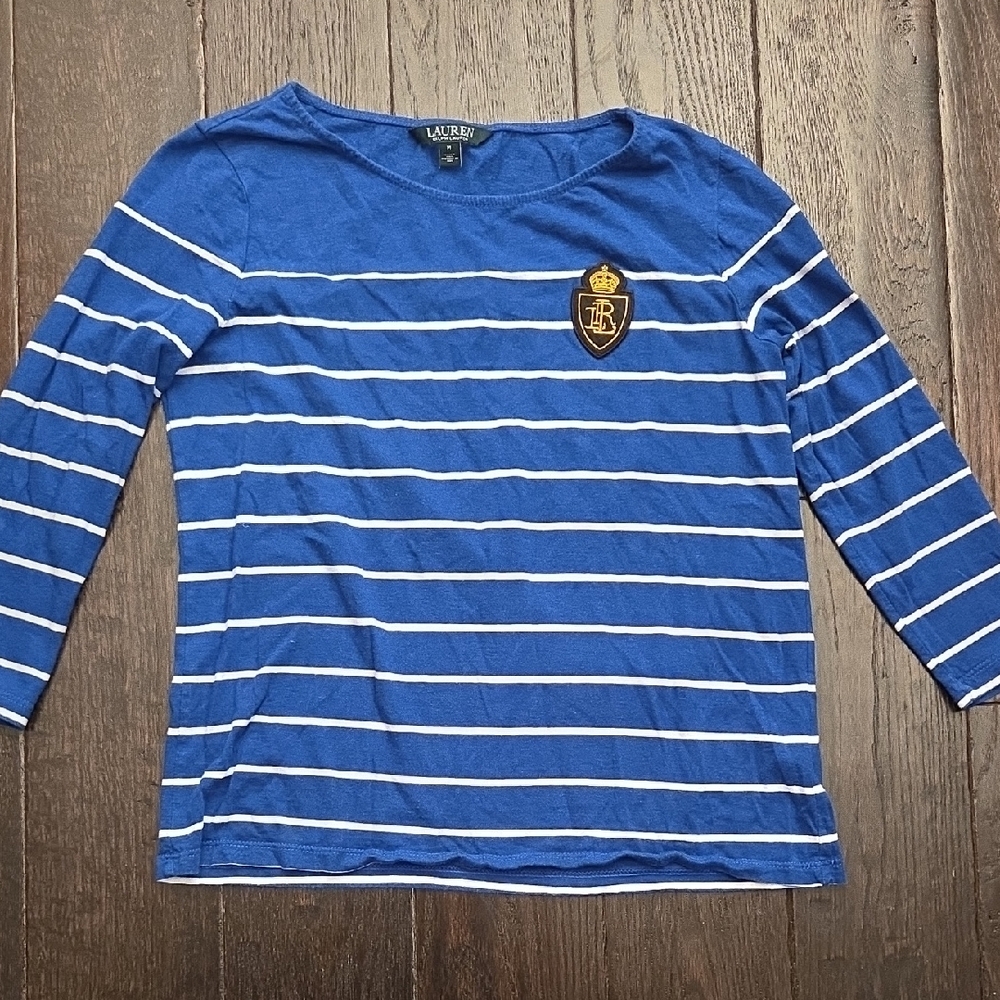 Lauren Ralph Lauren Size Medium Royal Blue ¾ Sleeve Striped Top